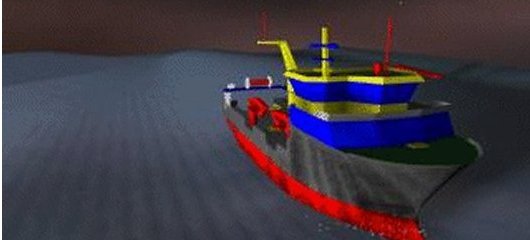 Computer animation of fishing boat rolling in waves